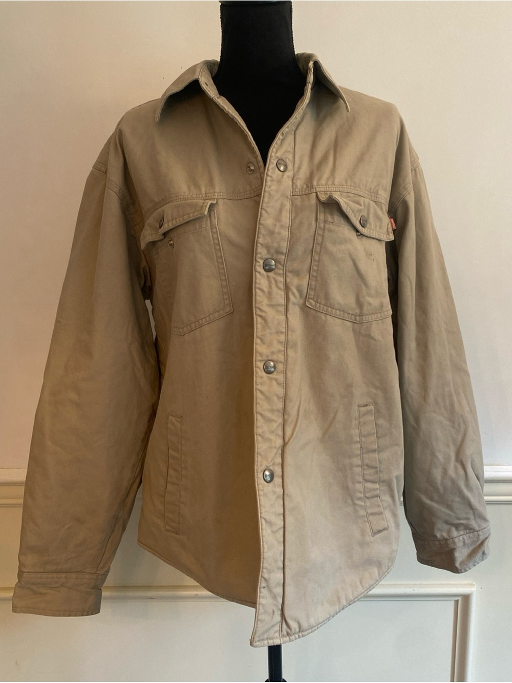 Men's Khaki Button-Front Chore Work Jacket  Canvas Flannel Interior M